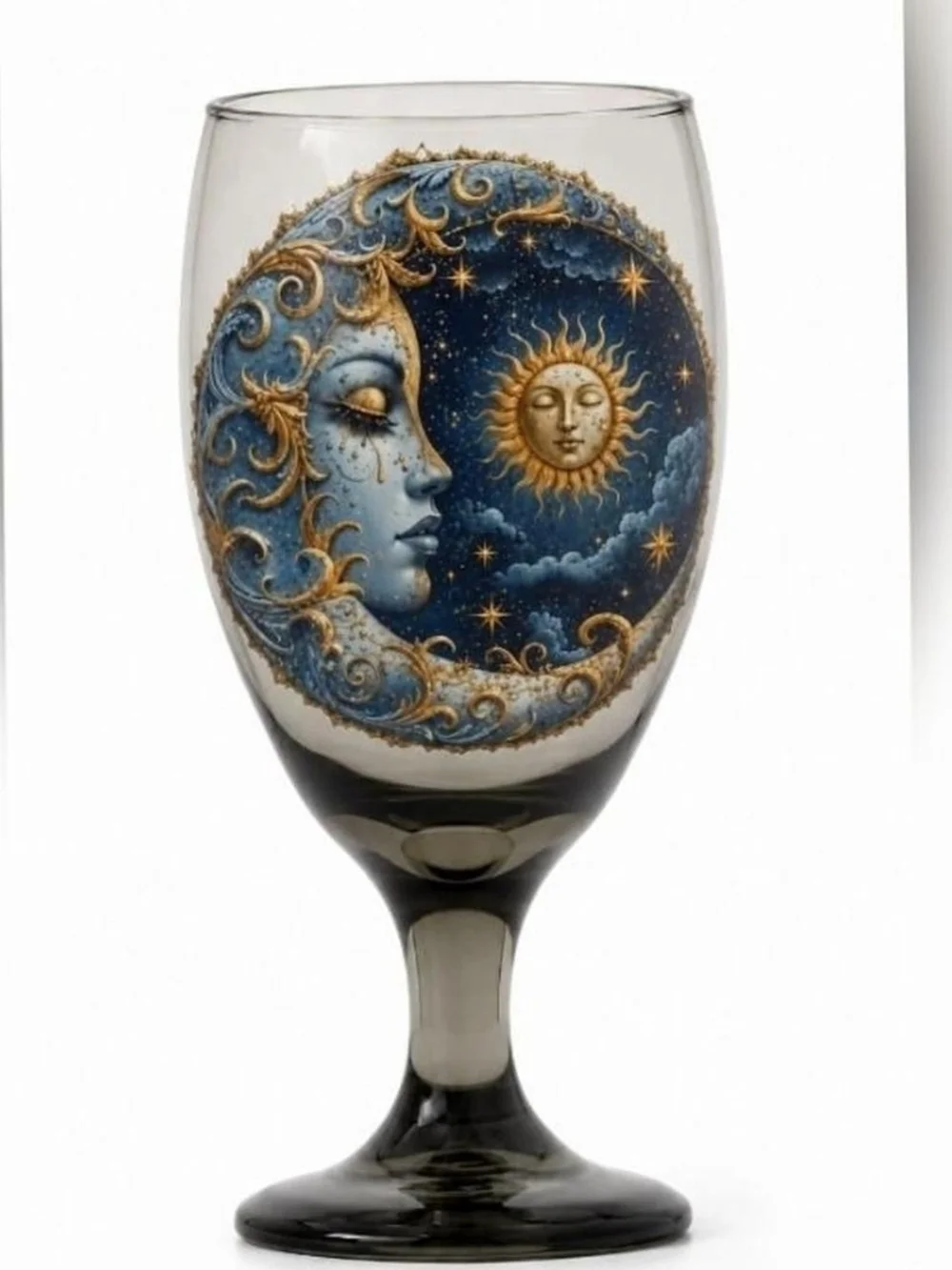 Celestial Moon & Sun Decorative Wine Glass - Blue and Gold